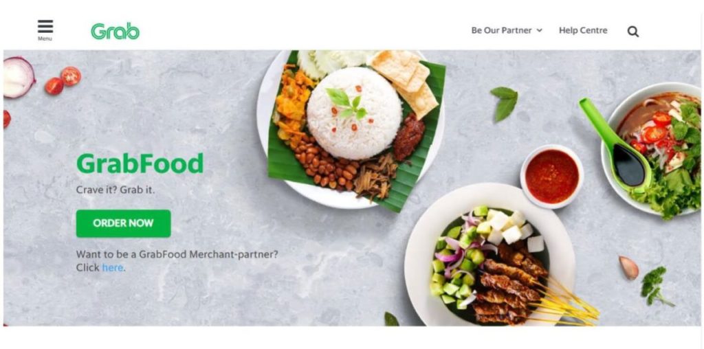 マレーシアのフードデリバリーサービス「GrabFood」の公式ホームページのホーム画面