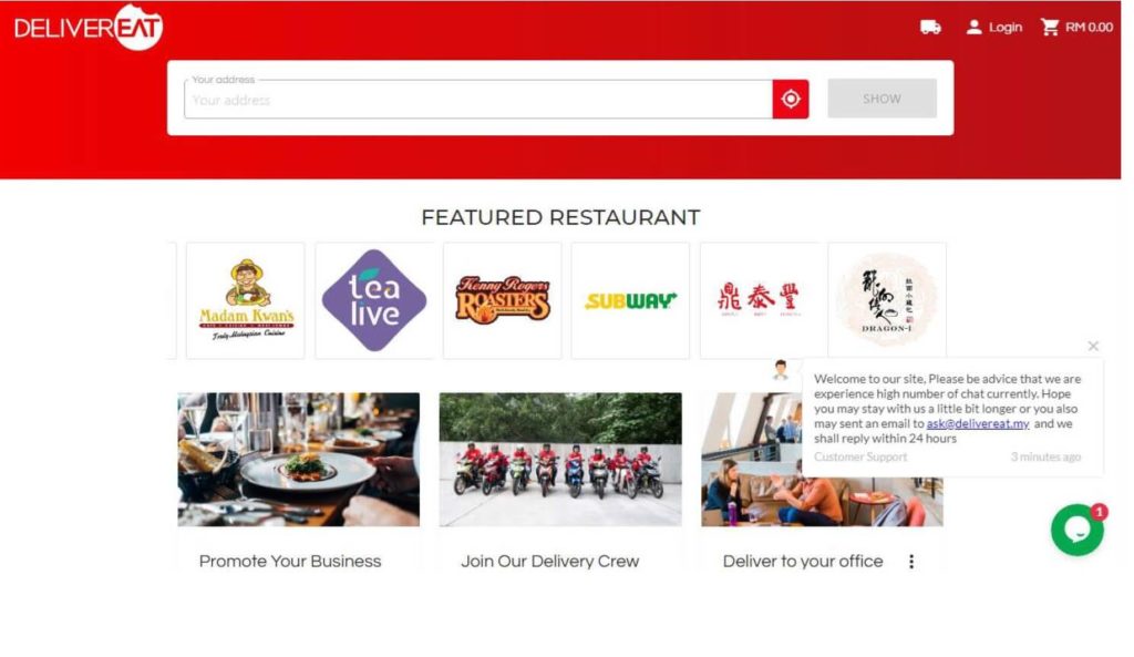 マレーシアのフードデリバリーサービス「DeliverEat」の公式ホームページのホーム画面