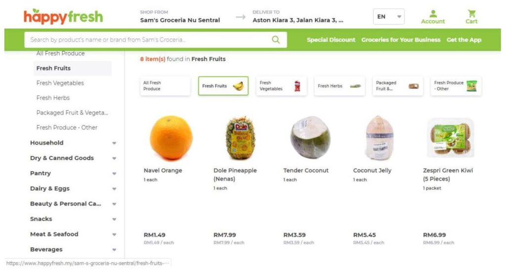 マレーシアのフードデリバリー「HappyFresh」の公式サイトの商品選択画面