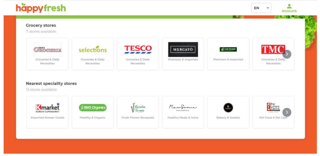マレーシアのフードデリバリー「HappyFresh」の公式サイトの店舗一覧画面