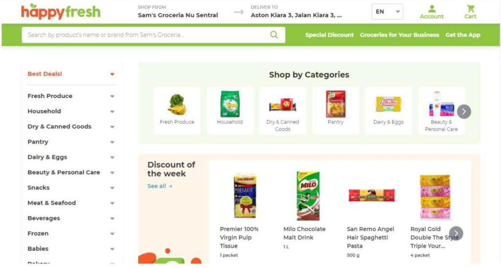 マレーシアのフードデリバリー「HappyFresh」の公式サイトの商品選択画面